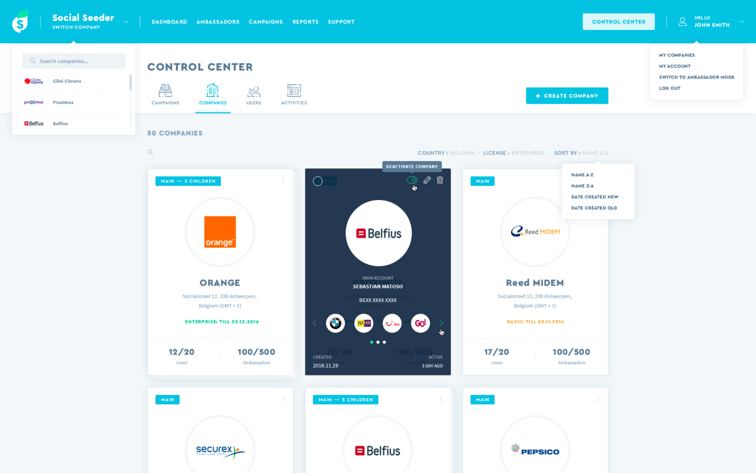 SOCIALSEEDER – Company Selection Screen